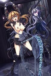 2girls arms_up bead_sex_machine blonde_hair blue_eyes blush bondage chains cuffs dungeon femdom femsub hat helpless highres kantai_collection monikano multiple_girls nipple_clamps nipples open_mouth prinz_eugen_(kantai_collection) prison pussy_juice sex_machine tears tied_hair twintails whip yuri