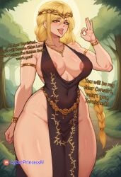 1girls ai_generated areolae armlet black_dress blonde_hair blowjob_gesture braid cleavage clothed comic cyberprincessai diadem dress elden_ring fellatio_gesture forest forest_background fromsoftware gesture headwear large_breasts light_skin looking_at_viewer necklace nipples nipples_visible_through_clothing patreon_username pelvic_curtain provocative queen_marika_the_eternal revealing_clothes smile smug solo text thick_thighs thin_waist tiara tongue tongue_out voluptuous waist yellow_eyes