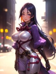 1girls anime arczisan armor armored_female beautiful beautiful_females cityscape curvy fate/grand_order fate_(series) heavenly_body knight minamoto_no_raikou_(fate/grand_order) purple_hair purple_pigtails smiling_at_viewer sultry_eyes twintails warrioress