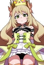 >:( 1girls ai_generated annoyed bangs big_hair black_panties blonde_hair bow_panties butterfly_hair_ornament celine_(fire_emblem) crown dress fire_emblem fire_emblem_engage frown green_eyes looking_at_viewer nintendo novelai panties pantyshot pov self_upload skirt thighhighs thighs upskirt very_long_hair