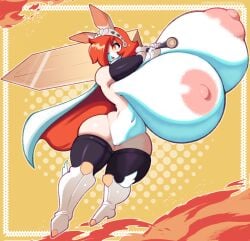 anthro areola big_breasts boots breasts cape clare_(themushlord) clothing female footwear genitals hair hair_over_eye heart_pupils hi_res holding_melee_weapon holding_object holding_sword holding_weapon huge_breasts hyper hyper_breasts l-a-v lagomorph legwear leporid mammal melee_weapon mostly_nude multicolored_body nipples open_mouth orange_eyes orange_hair pink_areola pink_nipples pussy rabbit shoes solo sword thigh_highs two_tone_body weapon