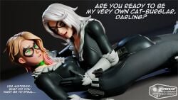 2girls 3d age_difference black_cat_(marvel) blonde_hair dialogue female glowing_eyes gwen_stacy gwen_stacy_(spider-verse) hypnosis mind_control spider-gwen spider-man:_into_the_spider-verse spider-man_(series) supercasket text white_hair yuri