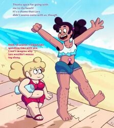 beach blonde_hair buldge bulge_through_clothing cartoon_network dwonksa hairy_legs penis sadie_miller steven_universe stevonnie text