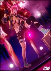 3d 3d_(artwork) big_breasts bracelet bracelets breasts breasts_out choker cixf clothed clothed_female clothing female female_focus female_only fingerless_gloves fishnet fishnet_legwear fishnets fortnite gloves hand_gesture huge_breasts jacket jacket_open looking_at_viewer middle_finger mostly_clothed mostly_clothed_female necklace open_jacket performing pink_hair pink_hair_female power_punk_(fortnite) public public_nudity shiny shiny_skin shorts solo solo_female solo_focus tongue tongue_out twintails watermark