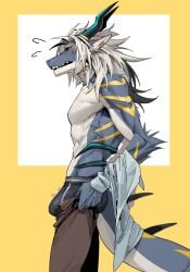 anthro athletic athletic_anthro athletic_male blush bottomwear bulge clothing digital_drawing_(artwork) digital_media_(artwork) dog23333 dragon hair hi_res horn male mythological_creature mythological_scalie mythology pants scalie simple_background solo standing underwear