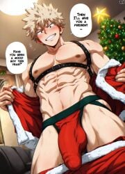 abs ai_generated big_ass_looover boku_no_hero_academia bulge christmas_clothing christmas_outfit christmas_tree english_text gay katsuki_bakugou muscles my_hero_academia solo yaoi