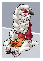 altenusy anthro ass border canid canine canis claws clothed clothing digital_media_(artwork) fluffy fur halloween holidays lycanroc male male_only mammal midnight_lycanroc nintendo pokémon_(species) pokemon pumpkin pumpkin_butt simple_background smile solo underwear video_games were werecanid werecanine werewolf white_body white_border white_fur wolf