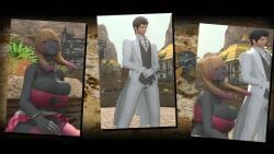 1boy 1girls alternate_hair_color alternate_hairstyle blonde_hair boob_window bracelet cat_ears cat_tail choker closed_eyes dyed_hair earrings eyeshadow final_fantasy_xiv foot_focus gpose(ffxiv) grey_skin heart_choker heart_earrings hyur large_breasts lipstick miqo'te mistress_and_slave nail_polish pink_eyeshadow pink_highlights pink_lipstick pink_nail_polish servant skirt slave_tl-3hjvt_(vegeta002) tagme thighhighs tyo_lanbatal_(vegeta002)