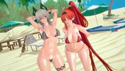 armpits arms_up beach bikini blush elf_ears grey_hair horn koikatsu long_hair lynlynop ponytail red_hair sweat sweating swimsuit tongue_out wuthering_waves yinlin_(wuthering_waves) yuri zani_(wuthering_waves)