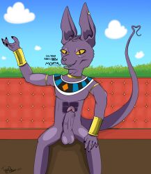 absurd_res anthro beerus big_penis dialogue domestic_cat dragon_ball dragon_ball_super felid feline felis furiousfox genitals hi_res jewelry looking_at_viewer male mammal onomatopoeia outside penis public public_nudity sitting solo sound_effects text