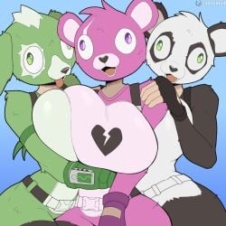 3girls anthro bear breasts breasts_squeeze canine cleavage clothed clothing clover_team_leader cooliehigh cuddle_team_leader epic_games fortnite fortnite:_battle_royale green_fur green_hair heart huge_breasts multiple_girls panda_team_leader pink_eyes pink_fur syd_(fortnite)