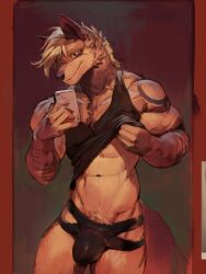 anthro biceps bulge canid canine darkgem digital_drawing_(artwork) digital_media_(artwork) electronics hair hi_res male mammal mirror_selfie muscular muscular_anthro muscular_male navel phone ronnoyeen selfie standing