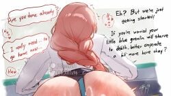 after_sex ass cum cum_on_ass cum_on_body english_commentary english_text female highres long_hair out-of-frame_censoring panties pink_hair shirt spanked speech_bubble tsukishiro_yanagi underwear white_shirt zasshu zenless_zone_zero