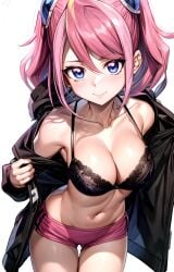 ai_generated armpit_crease bare_shoulders belly_button black_bra black_jacket blue_eyes blush boyshort_panties boyshorts bra breasts cleavage closed_mouth collarbone cowboy_shot female groin hair_between_eyes hair_ornament hiiragi_yuzu hood jacket lace lace-trimmed_bra lace_trim large_breasts leaning_forward long_hair long_sleeves looking_at_viewer medium_breasts multicolored_hair navel off_shoulder open_clothes open_jacket pink_hair pink_shorts pixiv rena_aikawa_(pixiv_user) short_shorts shorts sidelocks simple_background smile solo stable_diffusion standing stomach swept_bangs tagme thigh_gap thighs twintails underwear white_background yu-gi-oh! yu-gi-oh!_arc-v