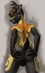 anthro antlers anus ass backsack balls black_body black_fur deer fur genitals grinning_at_viewer horn looking_at_viewer looking_back looking_back_at_viewer male mammal orange_body orange_fur oreobird purple_eyes solo spread_butt spreading spreading_self yellow_body yellow_fur