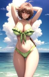 ahoge ai_generated aku_no_onna_kanbu armpits arms_behind_head arms_up ass_visible_through_thighs bare_shoulders beach bikini blue_sky blush braid braided_ponytail breasts brown_eyes brown_hair cleavage closed_mouth cloud cloudy_sky collarbone cowboy_shot day female frilled_bikini frills green_bikini hair_between_eyes juugoya_tsukimi large_breasts long_hair looking_at_viewer navel ocean outdoors pixiv rena_aikawa_(pixiv_user) single_braid sky smile solo stable_diffusion standing stomach swimsuit tagme thigh_gap thighs water