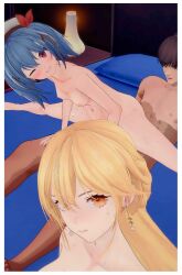 1boy 2girls 3d artist_request assertive_female blonde_hair blue_hair colphne_(girls'_frontline_2) cum cum_in_pussy girls'_frontline_2:_exilium group_sex groza_(girls'_frontline_2) harem indoors looking_at_viewer multiple_girls naughty_face non-web_source reverse_cowgirl_position selfie sex source_request straddling