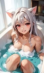 ai_generated bath bathing bathroom bathtub bubble_bath bubble_censorship bubbles cat_ears catgirl covered_nipples ember_paradox female female from_above looking_at_viewer medium_breasts nude red_eyes self_upload smile solo solo_female virtual_youtuber vtuber vtuberfanart water wet wet_hair wet_skin white_hair