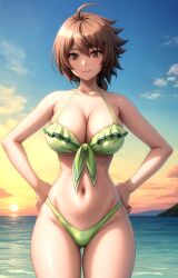 ahoge ai_generated aku_no_onna_kanbu ass_visible_through_thighs bare_shoulders bikini blush braid breasts brown_eyes brown_hair cleavage closed_mouth cloud collarbone cowboy_shot female frilled_bikini frills front-tie_bikini_top front-tie_top green_bikini hair_between_eyes hands_on_own_hips horizon juugoya_tsukimi large_breasts looking_at_viewer navel ocean outdoors pixiv rena_aikawa_(pixiv_user) short_hair sky smile solo stable_diffusion standing sunset swimsuit tagme thighs water