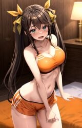 ai_generated bare_arms bare_shoulders bikini_shorts blush breasts brown_hair cleavage collarbone cowboy_shot crop_top fangs female green_eyes hair_between_eyes hair_ribbon huang_lingyin indoors infinite_stratos lamp large_breasts long_hair looking_at_viewer midriff navel open_mouth orange_shorts pixiv rena_aikawa_(pixiv_user) ribbon short_shorts shorts sidelocks solo sports_bra stable_diffusion standing stomach tagme taut_clothes thighs twintails yellow_ribbon