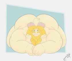 anthro asgore_dreemurr blonde_hair body_hair boss_monster_(undertale) bovid caprine fur goat hair hi_res jon_noj long_ears male male/male mammal nude smile solo undertale undertale_(series) white_body white_fur