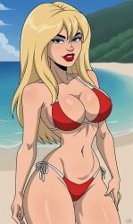 1girls ai_generated beach big_breasts bikini blonde_hair blue_eyes bonnieaiart breasts erotica_jones female huge_breasts red_bikini solo stripperella