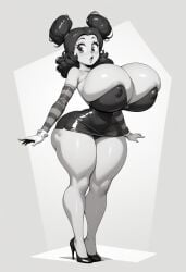 ai_generated ass big_ass big_breasts black_and_white black_eyes black_hair blush bottomless breasts bubble_butt child_bearing_hips cleavage double_bun eyebrows eyelashes female gloves hair_balls high_heels huge_ass human lipstick mickey_mouse_ears monochrome pac-man_eyes rockinranger sally_mcboing sideboob skirt sleeves thick_thighs thigh_highs