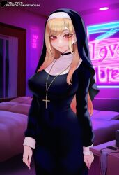 ai_generated bedroom black_dress blonde_hair cross cross_necklace earrings jewelry kitagawa_marin large_breasts lips long_hair looking_at_viewer nail_polish neon_lights night nun nun_outfit pink_eyes primosan robe smile sono_bisque_doll_wa_koi_wo_suru standing traditional_nun