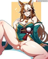 ai_generated animal_ears bare_shoulders breasts brown_hair cleavage dog_ears eyeshadow female genshin_impact green_eyes green_kimono hair_between_eyes hair_ornament hoyoverse japanese_clothes kimono large_breasts long_hair looking_at_viewer makeup megasonek mihoyo ms_hina_(genshin_impact) multicolored_hair no_panties patreon_username pussy sitting smile solo spread_legs two-tone_hair uncensored watermark white_hair wide_sleeves