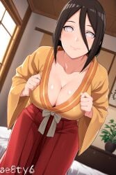 ae8ty6 ai_generated bedroom big_breasts blush boruto:_naruto_next_generations breasts brown_hair cleavage curvaceous curvy curvy_figure hair_between_eyes hakama highres hyuuga_hanabi indoors kimono light-skinned_female light_skin long_hair looking_at_viewer naruto naruto_(series) ponytail pose posing posing_for_the_viewer presenting_breasts skirt smile solo upper_body very_long_hair watermark white_eyes