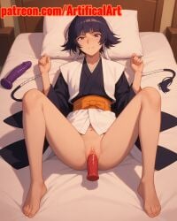 1girls ai_generated artifical_art black_hair bleach bleach:_the_thousand-year_blood_war blush clitoris dildo dildo_in_pussy incest masturbation pussy sex_toy slender_body small_breasts soifon solo spread_legs