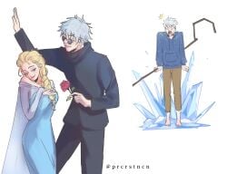 1girls 2boys angry angry_face blonde_female blonde_hair courting crossover disney disney_princess dreamworks dreamworks_animation eastern_and_western_character elsa_(frozen) female flower frozen_(film) funny glasses height_difference ice ice_power jack_frost jack_frost_(rise_of_the_guardians) jealous jealousy jujutsu_kaisen kabedon love_triangle male male/female mister_steal_your_girl offering_flower paramount_pictures red_rose rise_of_the_guardians rose rose_(flower) satoru_gojo silver_hair straight surprised_expression taller_male tinted_glasses