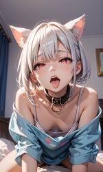 1boy 1girls ai_generated blush cat_ears catgirl collar cowgirl_position downblouse ember_paradox female hetero leather_collar looking_at_viewer male_pov open_mouth oversized_shirt red_eyes self_upload small_breasts solo solo_female tongue_out virtual_youtuber vtuber vtuberfanart white_hair