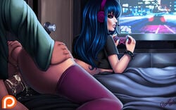 1boy 1girls anus ass ass_grab blue_eyes blue_hair bracelet breasts controller cum cum_in_pussy cum_inside dat_ass dual_shock elwinne female from_behind gamepad gaming grand_theft_auto grand_theft_auto_v headphones long_hair looking_back male nail_polish nipples on_stomach penis playstation_controller pussy sex spiked_bracelet straight t-shirt thighhighs underboob vaginal_penetration video_game_controller