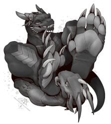 2boys 5_toes anthro barefoot big_feet claws dragon feet foot_fetish foot_focus gigren_(artist) grin hi_res kredri long_feet looking_down male male_only soles toes tongue tongue_out worship