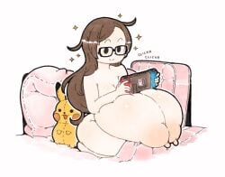 begi glasses long_hair massive_breasts nintendo_switch nipples plushie polocom puffy_areola