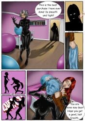 2girls aqua_enjoyer asphyxiation breathplay choking comic_page female gray_hair latex latex_sheet latex_suit no_sex red_head suffocation