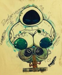 1boy 1girls big_areola big_breasts big_nipples breasts breasts_bigger_than_head dyablou erect_nipples eve_(wall-e) robot robot_girl traditional_art traditional_media_(artwork) wall-e