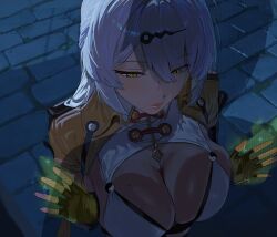 1boy breasts brick_floor cleavage closed_mouth commentary english_commentary female fingerless_gloves from_above gloves highres hintobento jacket large_breasts long_hair solo white_hair wise_(zenless_zone_zero) yellow_eyes yellow_jacket yin_yang_pin yixuan_(zenless_zone_zero) zenless_zone_zero