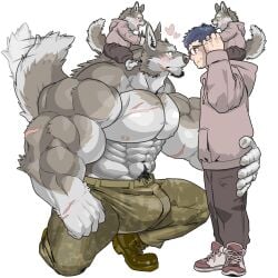 1:1 abs anthro big_bulge big_muscles big_nipples big_pecs blue_hair bulge canid canine canis carrying_another chan_kiti_chan chest_scar clothed clothing eye_contact eyewear family father_(lore) father_and_child_(lore) father_and_son_(lore) fur glasses grey_body grey_fur group hair heart_symbol hi_res holding_partner huge_muscles huge_pecs human human_on_anthro interspecies intimate larger_anthro larger_male looking_at_another male male/male mammal muscular muscular_anthro muscular_male nipples parent_(lore) parent_and_child_(lore) parent_and_son_(lore) pecs piggyback romantic romantic_couple scar size_difference smaller_human smaller_male son_(lore) topless topless_male wolf