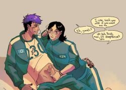 2boys androgynous black_hair blowjob blowjob_offer cock gay gay_male gay_sex jerking male male/male male_only masturbation nam-gyu penis purple_hair sex skinny squid_game thanos_(squid_game) uniform