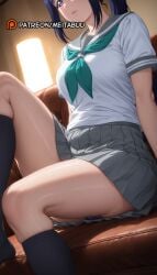 ai_generated aqua_neckerchief black_socks blue_hair breasts closed_mouth couch dutch_angle female green_neckerchief grey_sailor_collar grey_skirt head_out_of_frame indoors knee_up kneehighs large_breasts lips long_hair looking_at_viewer love_live! love_live!_sunshine!! matsuura_kanan meitabuu miniskirt neckerchief on_couch panties panty_peek pantyshot pleated_skirt ponytail purple_eyes purple_panties sailor_collar school_uniform serafuku shirt short_sleeves sidelocks sitting skindentation skirt socks solo thighs underwear uranohoshi_school_uniform white_shirt
