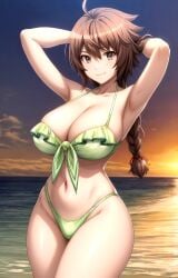 1girl ahoge ai_generated aku_no_onna_kanbu armpits arms_behind_head arms_up bare_shoulders beach bikini braid braided_ponytail breasts brown_eyes brown_hair cleavage closed_mouth cloud collarbone cowboy_shot female frilled_bikini frills green_bikini hair_between_eyes highleg highleg_bikini horizon juugoya_tsukimi large_breasts long_hair looking_at_viewer navel ocean outdoors pixiv rena_aikawa_(pixiv_user) single_braid sky smile solo stable_diffusion standing stomach sunset swimsuit tagme thighs water