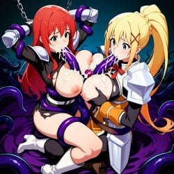 2girls ai_generated armor blonde_hair blowjob blue_eyes bondage boobjob breasts breasts_out bukkake chained chains crossover cum cum_on_breasts darkness_(konosuba) fellatio female green_eyes hair kono_subarashii_sekai_ni_shukufuku_wo! long_hair marvel marvel_comics mary_jane_watson oral paizuri red_hair restrained ripped_clothing spider-man_(series) submissive submissive_female tentacle tentacle_bondage titjob