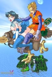 1boy 1girls ami_mizuno bishoujo_senshi_sailor_moon blue_hair breasts choker circlet clothed_sex clothes clothing color crossover day dragon_ball dragon_ball_z dragon_moon_x elbow_gloves female gloves human interspecies male mmg nipples outdoors penis riding sailor_mercury sex skirt small_breasts son_gohan stockings straight super_saiyan thighhighs uncensored