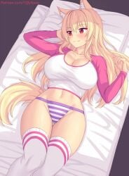 :3 bed blonde_hair blush breasts cat_ears catgirl cleavage female highres large_breasts long_hair lying navel oerba_yun_fang on_back on_bed original panties pink_shirt purple_panties raglan_sleeves shirt sidelocks smile solo striped_panties tail thighhighs tiffy tiffynyaa twitter_username white_shirt