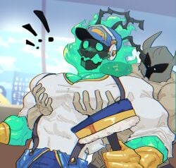 !!! apewtato big_pecs blush clothed clothing from_behind gay gloves grope groping groping_from_behind groping_pecs handwear headphones headwear holding_object janitor_thresh league_of_legends male male_focus male_only mordekaiser muscular muscular_male pants pecs pecs_grab pentakill_mordekaiser pentakill_series shirt shirtless shirtless_male surprised the_grind_series thresh topless topless_male yaoi