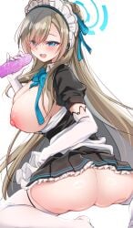 apron ass asuna_(blue_archive) black_dress blue_archive blue_bow blue_bowtie blue_eyes blue_halo blue_ribbon blush bow bowtie breasts breasts_out dildo dress elbow_gloves female fujisen gloves hair_over_one_eye hair_ribbon halo highres large_breasts long_hair maid maid_apron maid_headdress mole mole_on_breast nipples ribbon sex_toy sitting smile solo thighhighs thighs very_long_hair white_gloves white_thighhighs