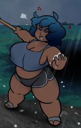 ahoge angry angry_expression angry_face bangs bbw belly big_belly big_breasts big_butt blue_hair cheeked_up chubby chubby_female curvy curvy_figure dark-skinned_female dark_skin dckiq hail hailing huge_ass huge_breasts kiqki_(dckiq) large_breasts outdoors outside pig_girl pig_tail plump raining short_hair squish tail tan_skin tan_skinned_female thicc thick_thighs