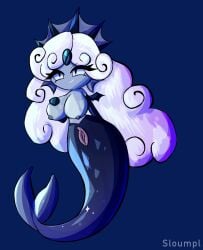1girls areolae black_pearl_cookie breasts cookie_run cookie_run_kingdom crown exposed_breasts exposed_nipples exposed_pussy female long_hair merfolk mermaid mermaid_girl mermaid_tail pussy self_upload sloumpl solo split_form topless white_hair